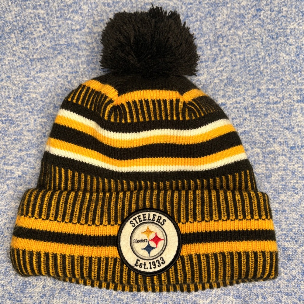 New Era Pittsburgh Steelers NFL 100 Beanie Hat Black Gold Striped Pom Est 1933